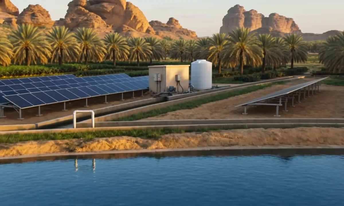 Solar-powered farm with irrigation reservoir